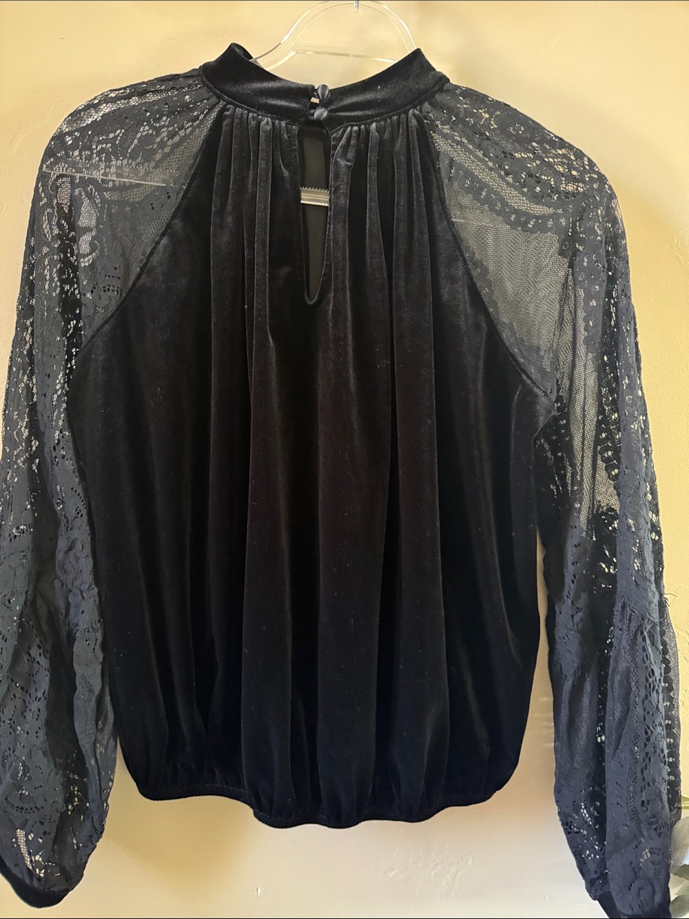 Free People Black Velvet Blouse with Lace Sleeves